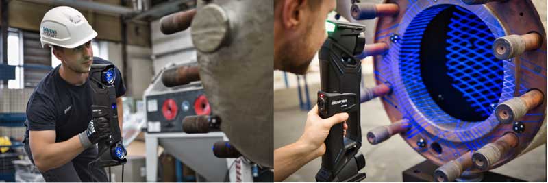 Técnico escaneando un cuerpo de válvula directamente en el área de producción con la serie HandySCAN 3D|MAX.