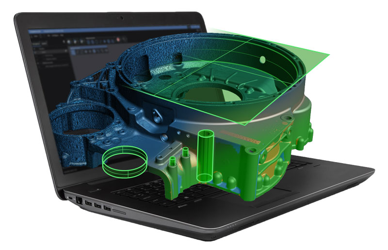 Creaform Metrology Suite의 Scan-to-CAD 모듈에서 주조 및 CAD 모델이 디스플레이되는 노트북 앞에 있는 사람