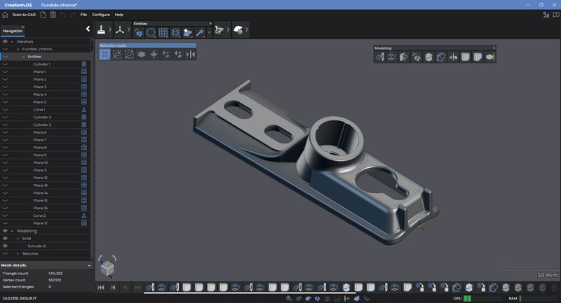 Creaform Metrology 제품군의 Scan-to-CAD 모듈에서 주조 부품의 회색 CAD 모델 스크린샷