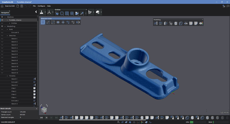 Captura de pantalla de datos sin procesar azules de una pieza de fundición en el módulo de Escaneado a CAD de Creaform Metrology Suite