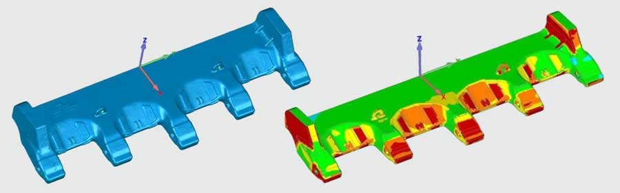 Left, a blue scan of an excavator bucket teeth base edge and, right, the green, yellow and red colormap of that same part. 
