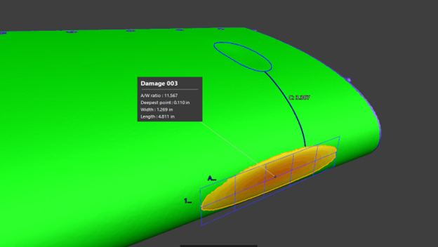 Screenshot of VXintegrity Aerospace module showing the colormap of a damaged whing’s scan with precise damage tags.