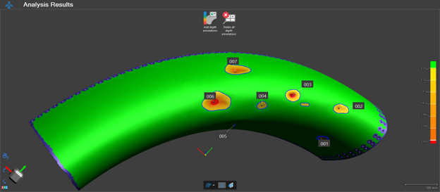 Screenshot in VXintegrity of the scan and colormap of the curved section of an engine nacelle displaying several minor to major dents.