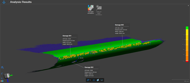 Screenshot in VXintegrity of the scan and colormap of a leading edge of a wing displaying several precise measurements. 