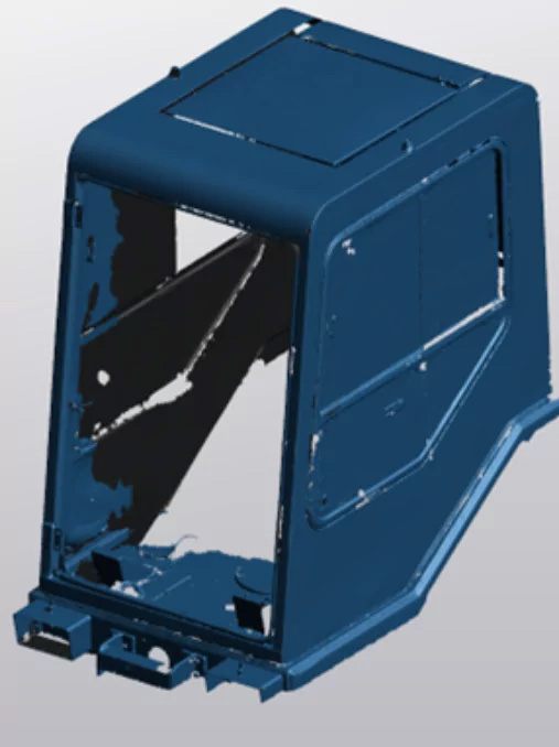 (Right) Blue rendered 3D model of the driver cabin displayed in VXelements. 