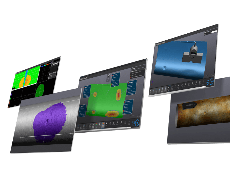 Floating screens displaying various Creaform 3D software interfaces, showcasing visual data analysis, surface inspections, and 3D measurement results.