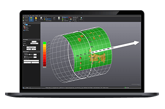Laptop screen displaying Creaform's 3D inspection software with a visual analysis of a cylindrical object, highlighting deviations and measurements in a color-coded grid.