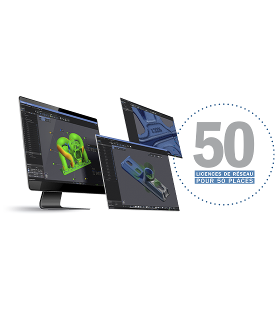Digital screens showcasing the Academia software package, featuring a 50-seat network license