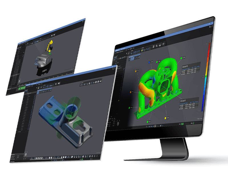 Digital screens displaying various software modules: Inspection, Scan-to-CAD and Automation. 
