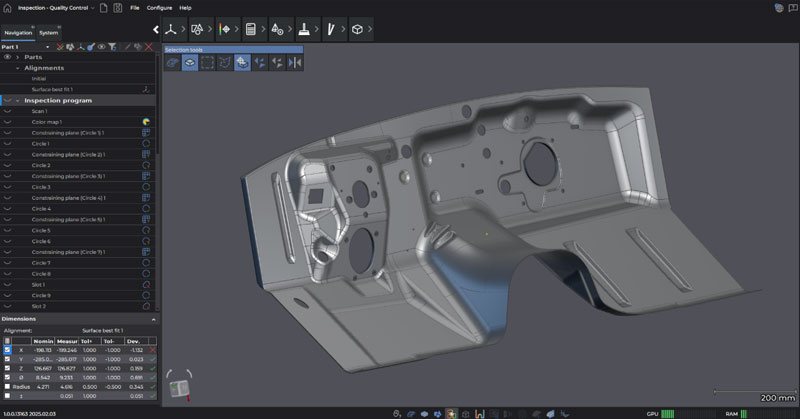 Screenshot of a complex sheet metal part in the Inspection module of the Creaform Metrology Suite made possible through the Sheet Metal Add-on